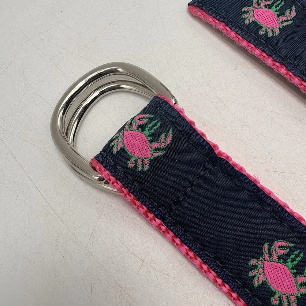 Leather Man USA Crab D Ring Ribbon Belt Pink Navy Preppy Needlepoint Medium